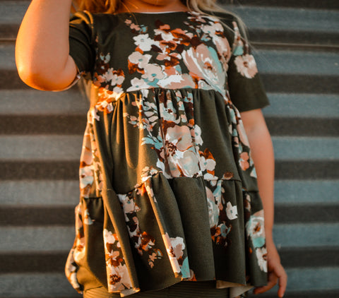 Olive Floral Tiered Peplum